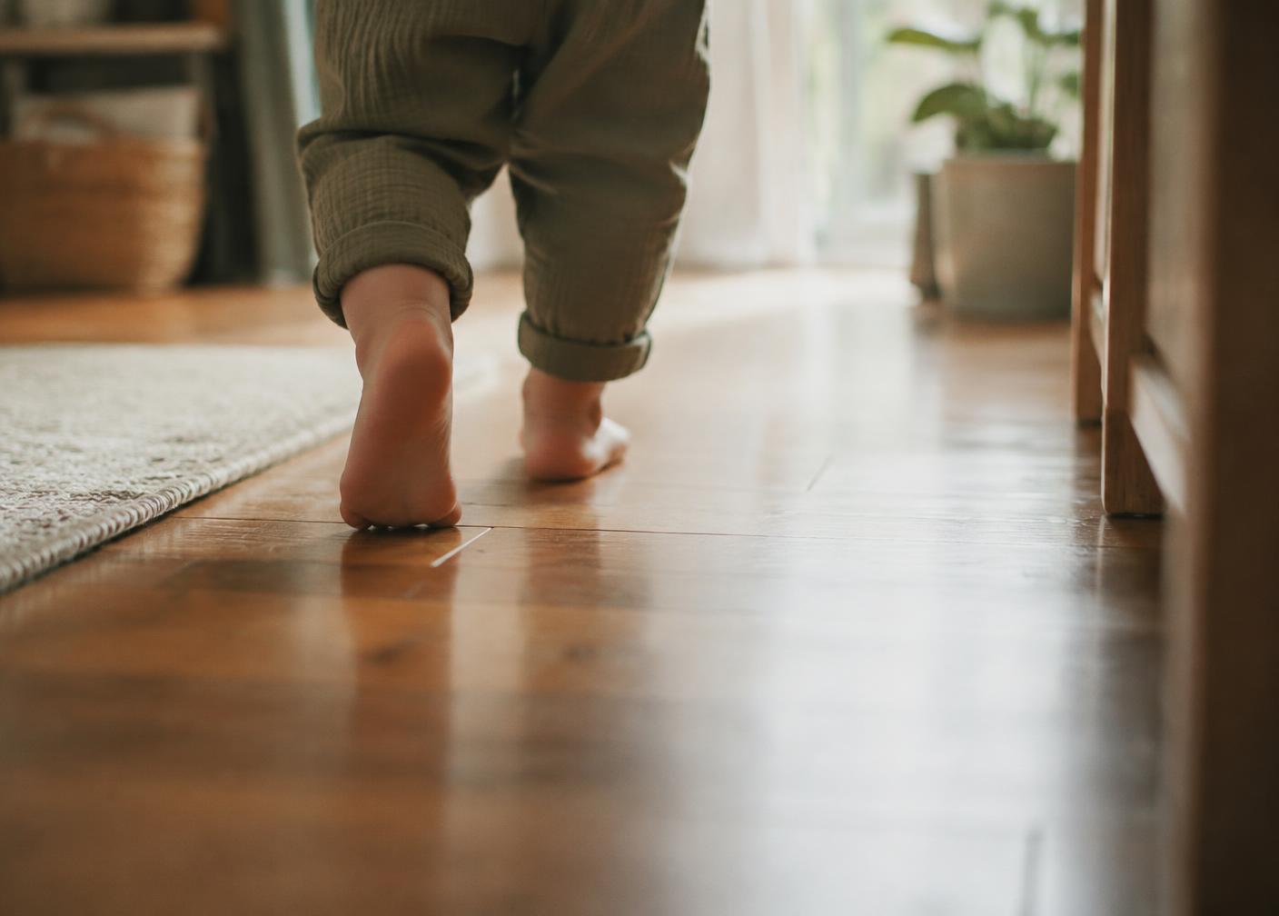 A young child taking barefoot steps across a wooden floor toward daylight