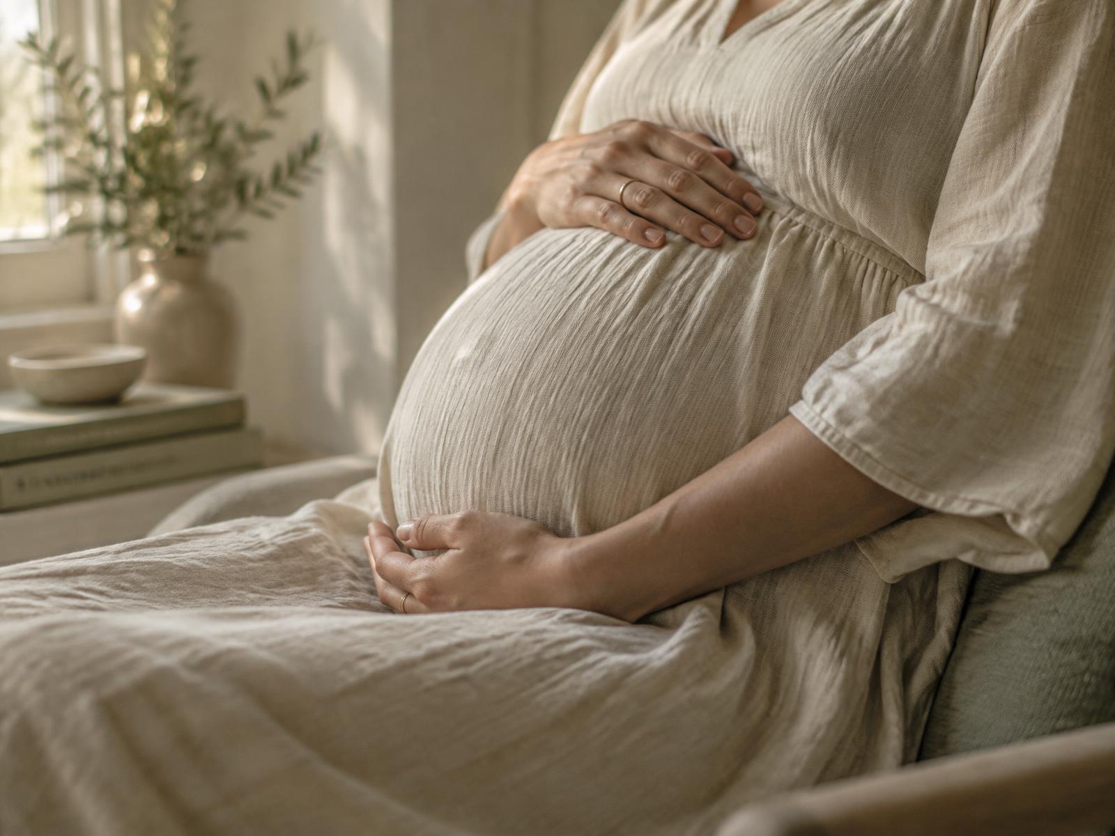 Expectant mother resting her hands on her belly in soft natural window light