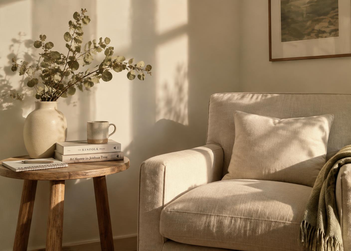 A sunlit reading corner with books, a notebook and dried eucalyptus